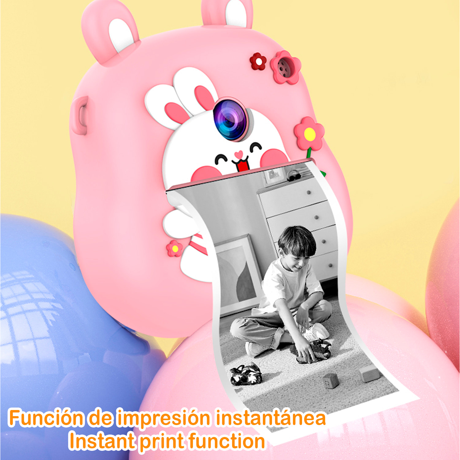Cámara infantil de 50MP, video de 1080p, camara dual, pantalla de 2" y zoom digital 16x. Con impresión instantánea. Diseño unicornio.