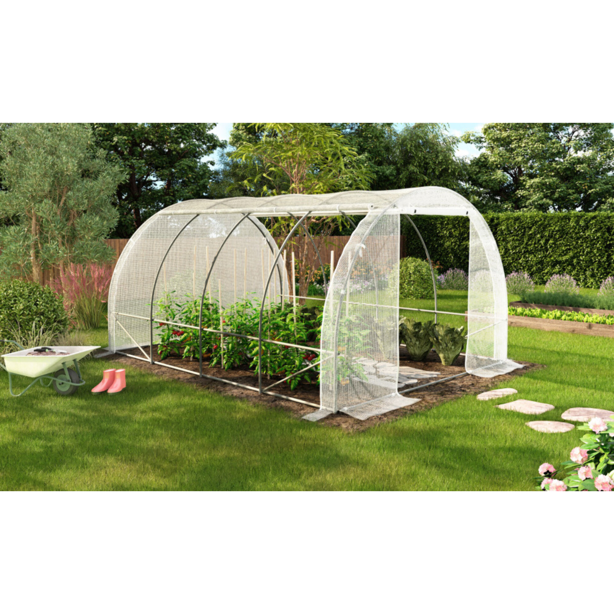 Serre tunnel de jardin 12m² blanche bâche renforcée 130 gr/m² - gamme toutes saisons