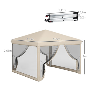 Carpa Plegable 3x3 para Exterior Cenador de Jardín Portátil con Mosquiteras Bolsa de Transporte Marco de Acero y Tela Oxford Resistente para Fiestas Camping Beige