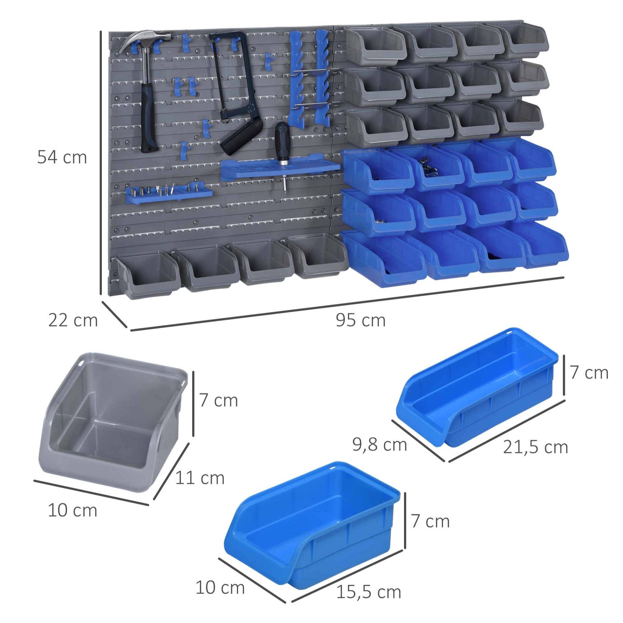 Organizador de Herramientas de Pared de 44 Piezas 95x54 cm Estantería de Pared para Herramientas con 28 Cajas Apilables y Diferentes Ganchos Gris y Azul