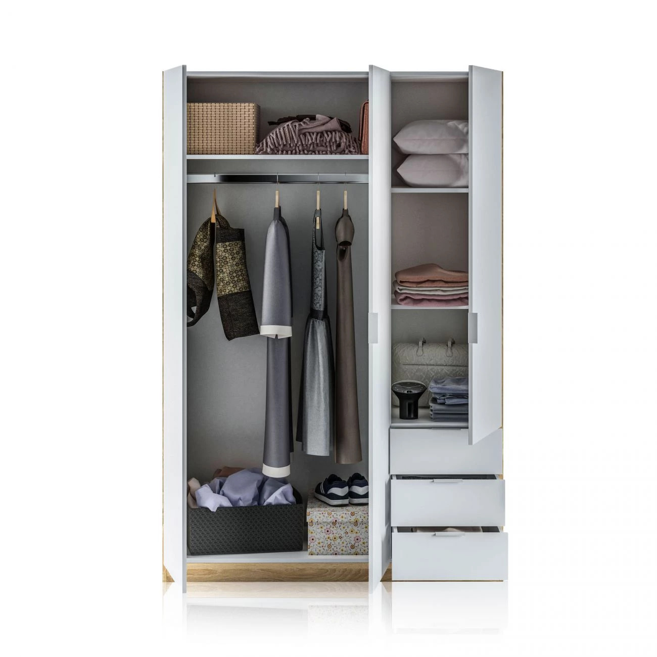 Armario Hexa 3 puertas 3 cajones Blanco Artik (Blanco Mate) - Roble Canadian