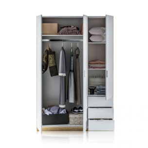 Armario Hexa 3 puertas 3 cajones Blanco Artik (Blanco Mate) - Roble Canadian