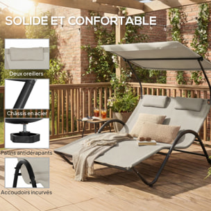 Bain de soleil 2 places lit de jardin design contemporain auvent réglable roulettes tétières acier époxy polyester grège
