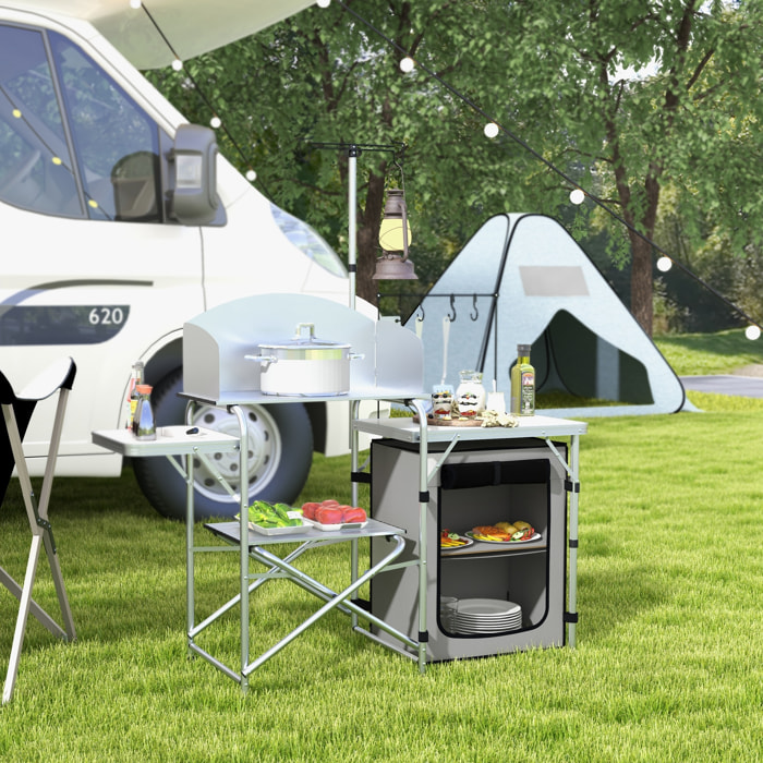 Mueble de Cocina para Camping Armario para Camping Plegable con Mesas Estantes Poste de Luz Elevable y Bolsa de Transporte para Acampada Picnic 144x48x119 cm Plata y Gris Claro