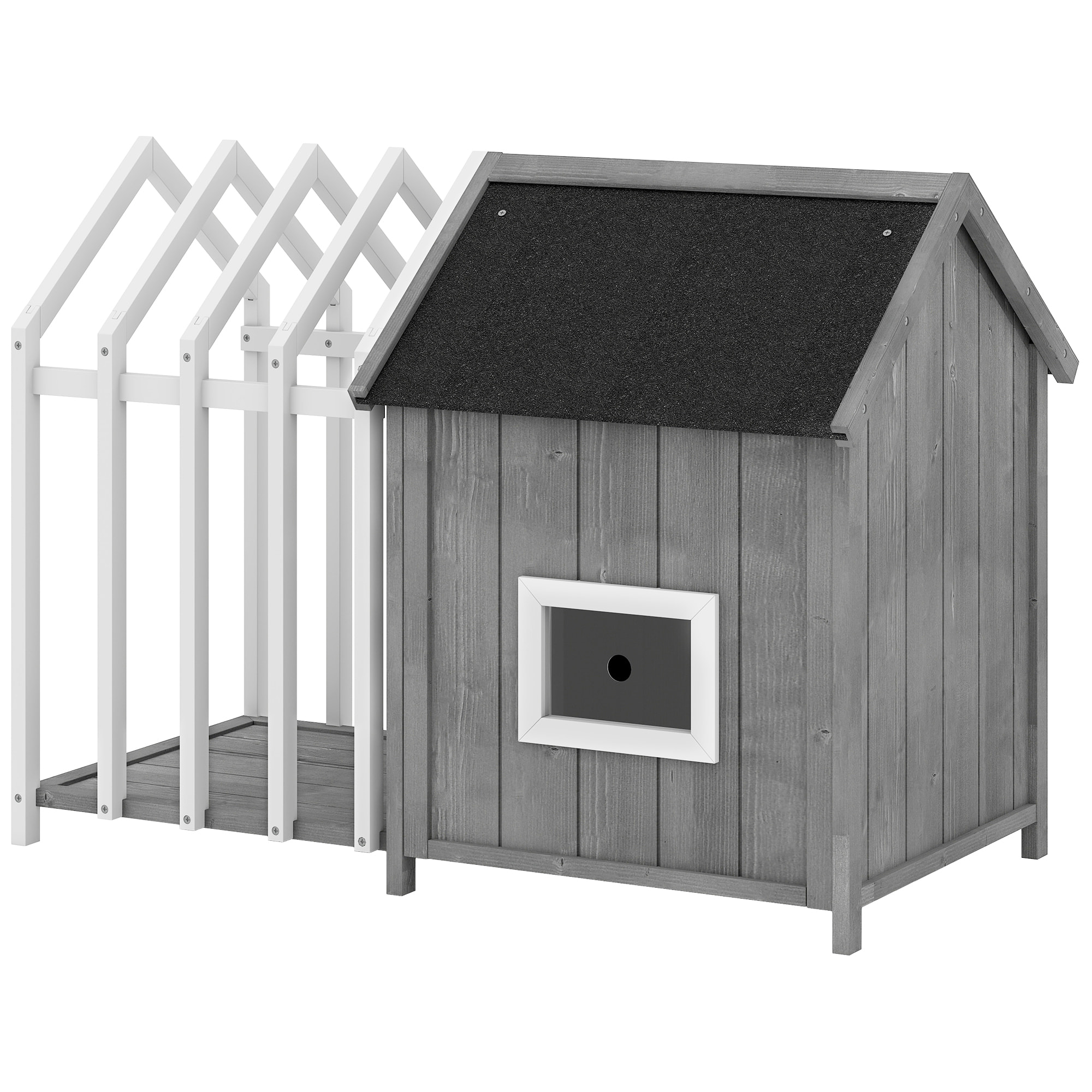 Niche villa pour chien sur pied - terrasse, claustra, auvent, porte, fenêtre, toit bitumé - bois blanc gris