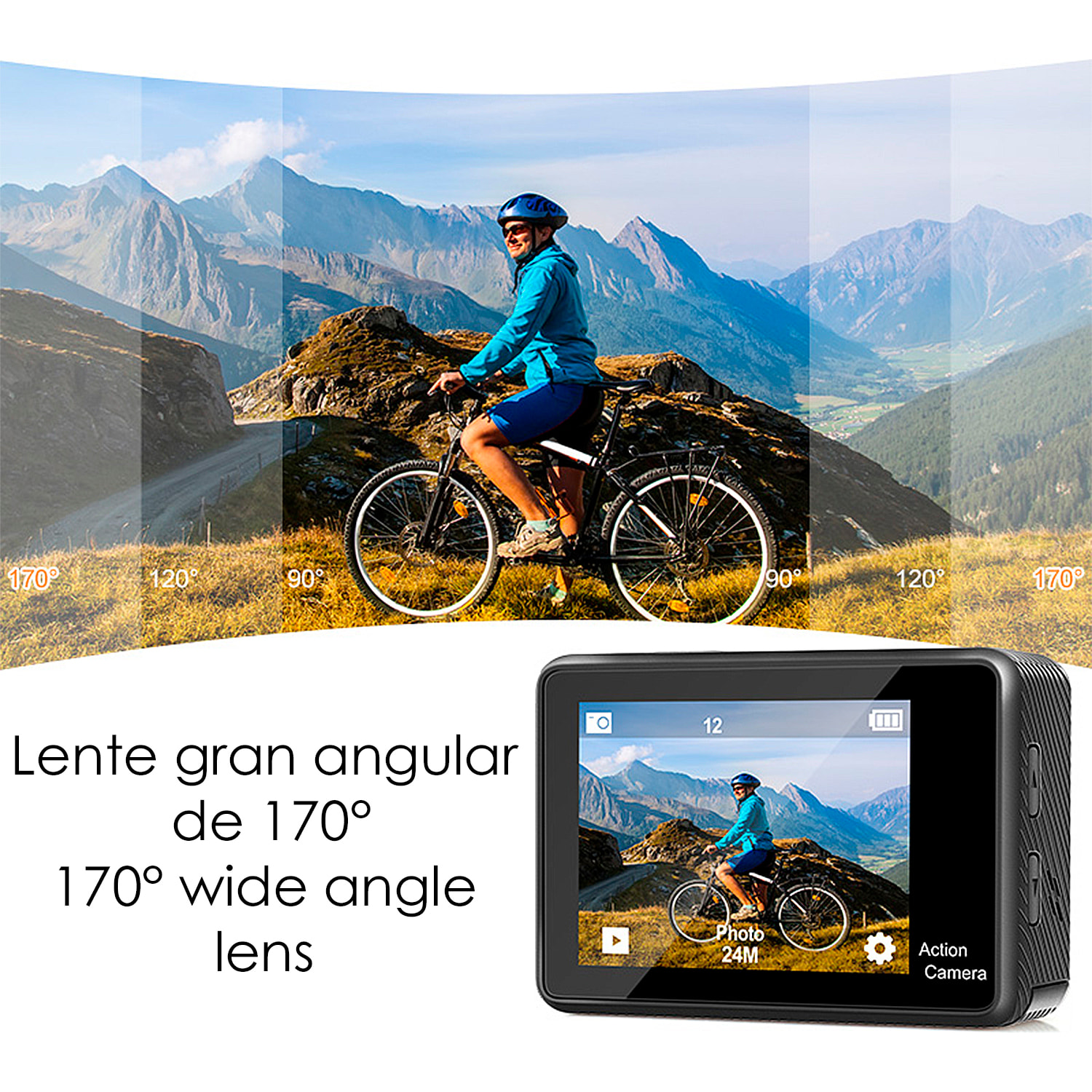 Camera Sportiva AT-Q60AR 4k 30fps con 15,9 mpx, doppio schermo di 2" e 1,3" con una moltitudine di accessori sportivi e WIFI.