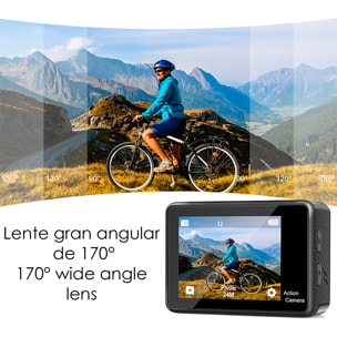 Camera Sportiva AT-Q60AR 4k 30fps con 15,9 mpx, doppio schermo di 2" e 1,3" con una moltitudine di accessori sportivi e WIFI.