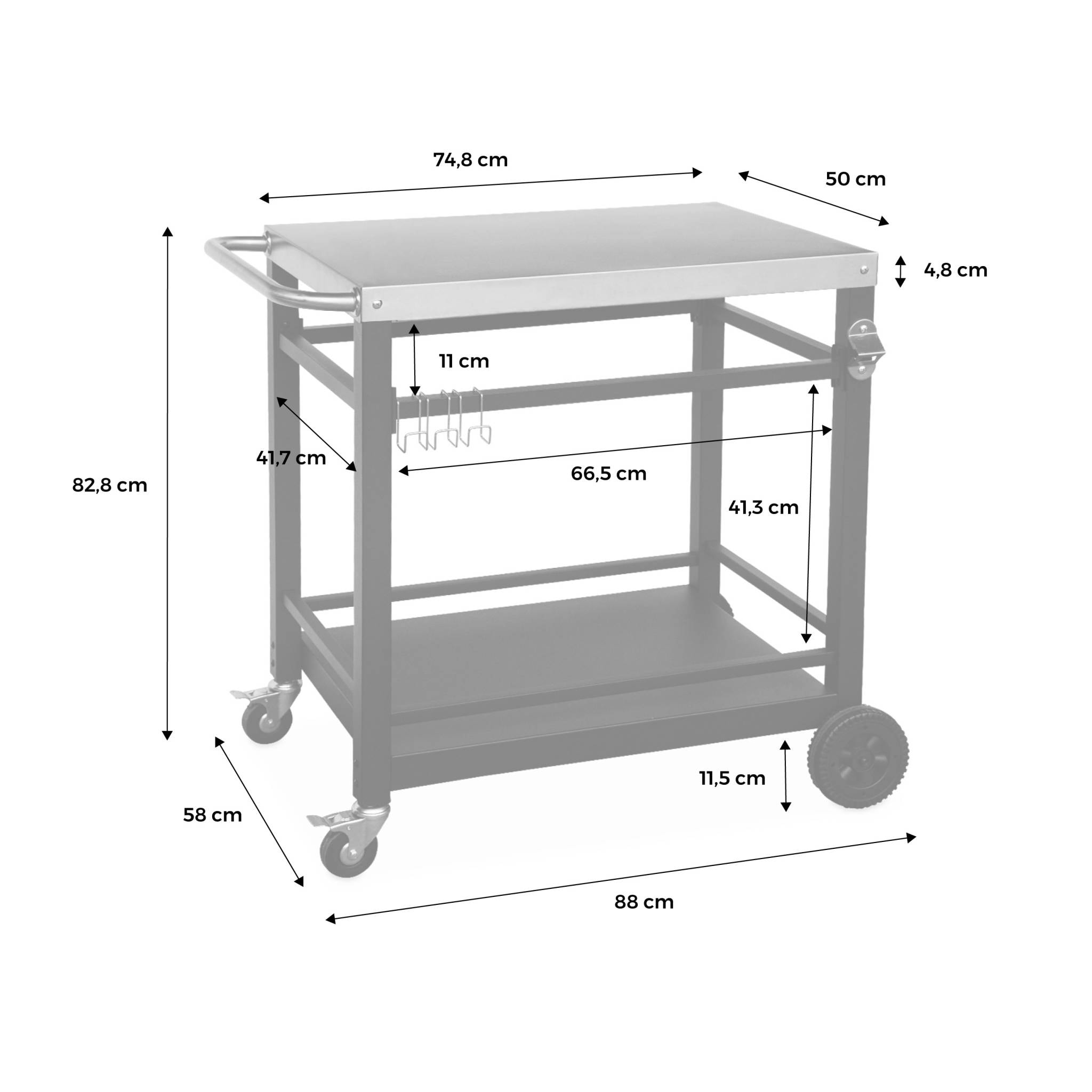 Desserte de barbecue en acier 88 cm avec roues et poignée. noir. L 88 x l 58 x h 82.8cm