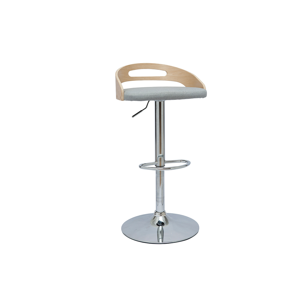 Tabouret de bar réglable design bois clair et tissu gris clair MANO