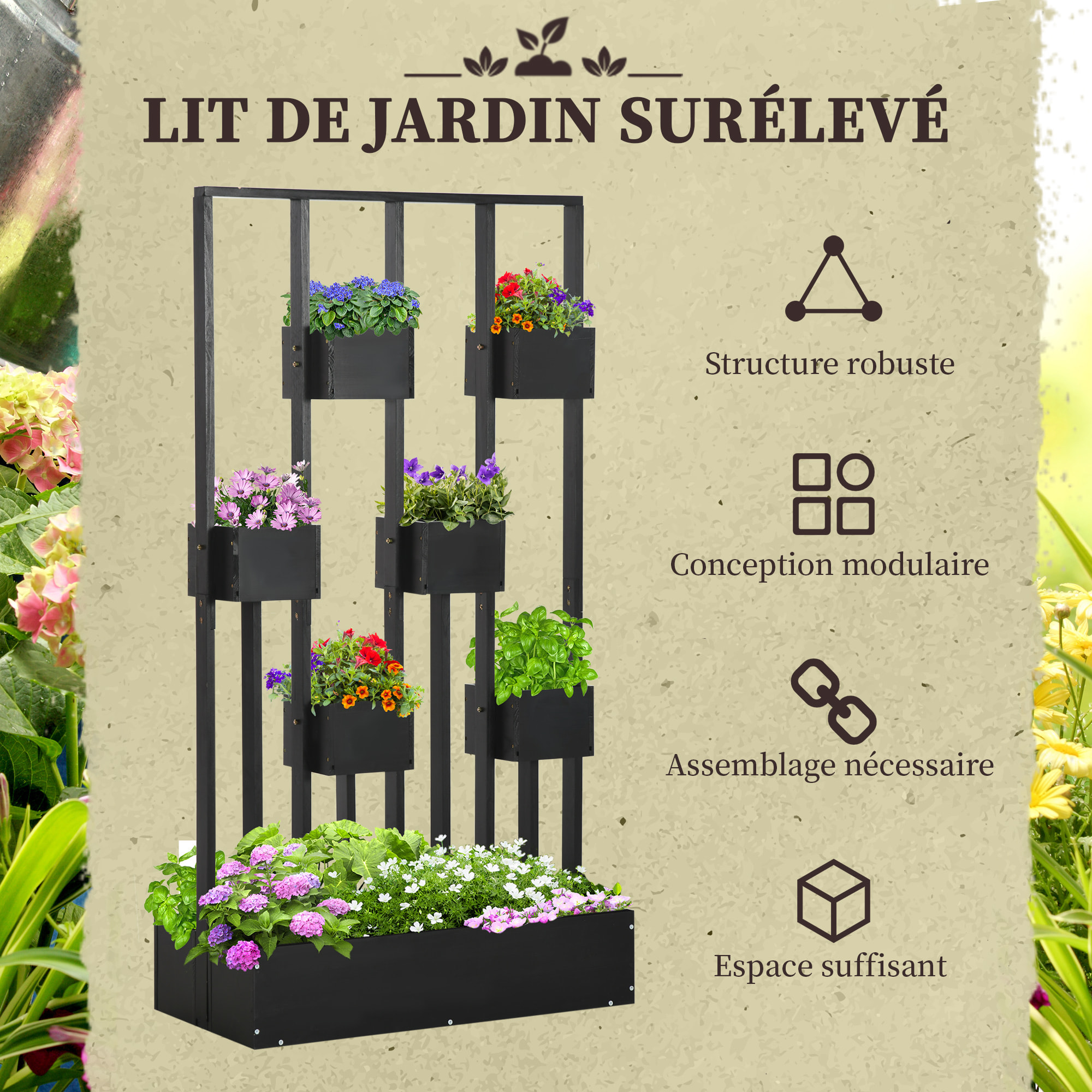 Jardinière surélevée avec treillis - dim. 90L x 45l x 170H cm - bois de sapin noir