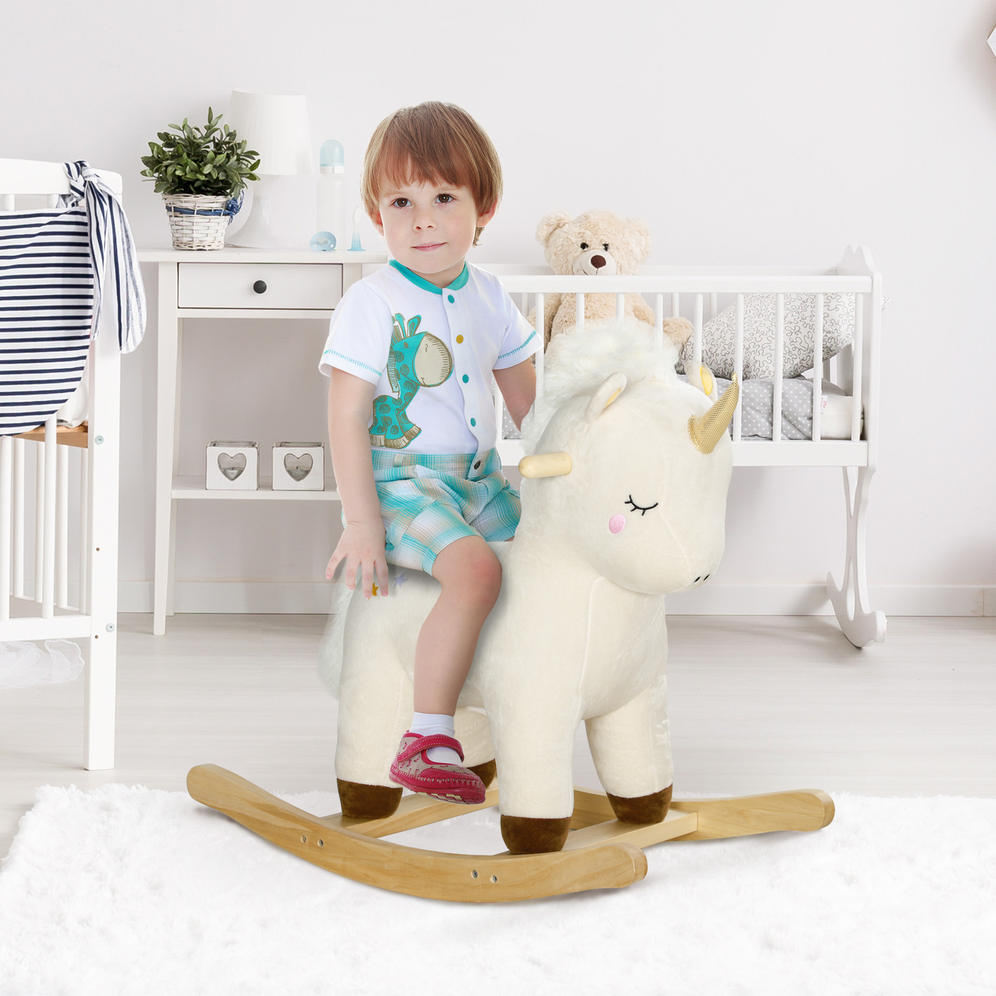 AIYAPLAY Cavallo a Dondolo per Bambini 2-4 Anni a Unicorno con Suoni e Rivestimento Morbido, Bianco