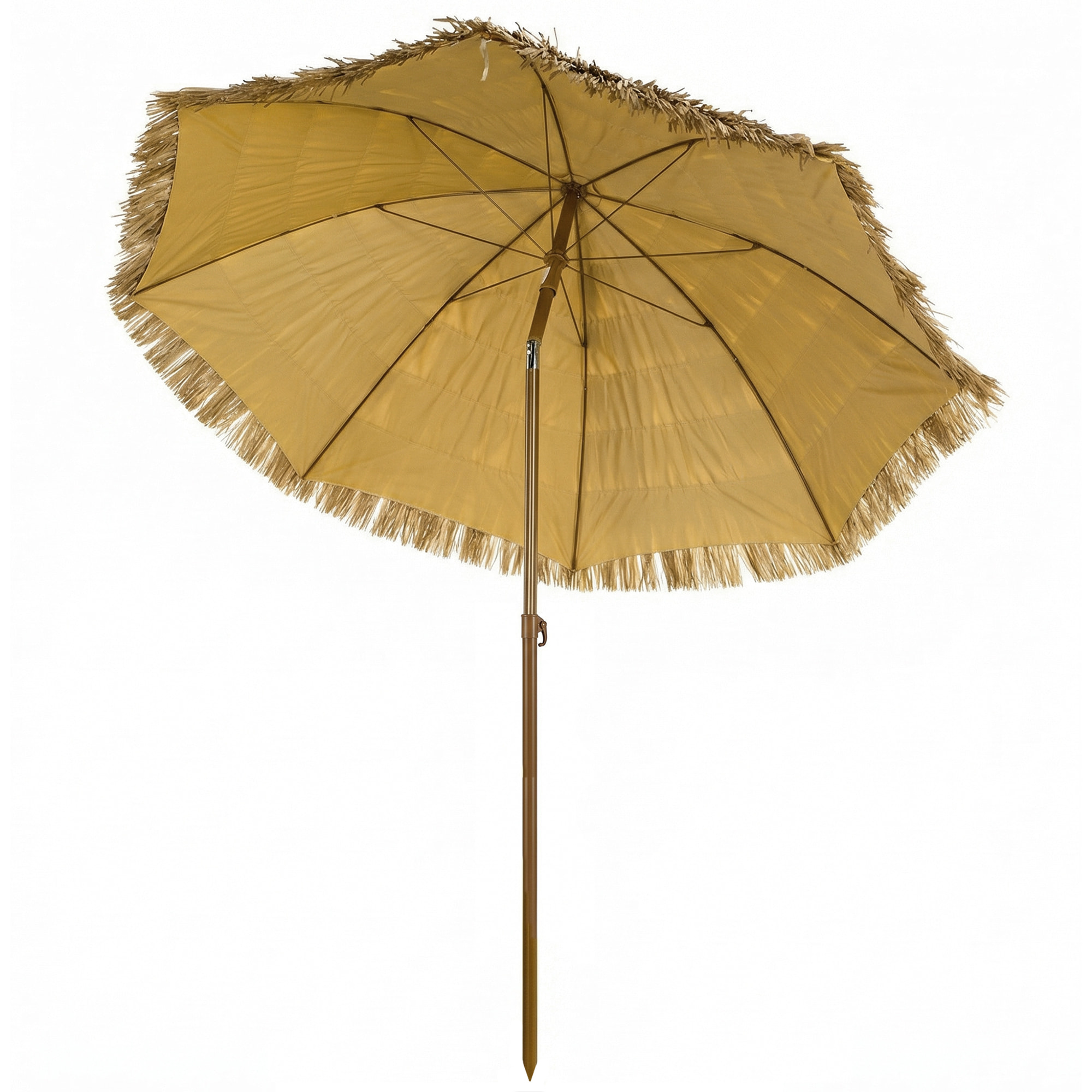 Sombrilla de Playa con Flecos de Paja Ø178 cm, Sombrilla de Terraza Exterior con Inclinación, Altura Ajustable, UV50+, Bolsa de Transporte, Anclaje de Arena, Marrón Claro