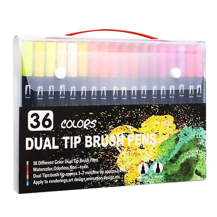 Set 36  Rotuladores BLACK LINEcolor doble punta, punta fina 0,4 mms y punta pincel acuarelable profesional. Forma redonda ergonómica para lettering, caligrafía, ilustraciones…