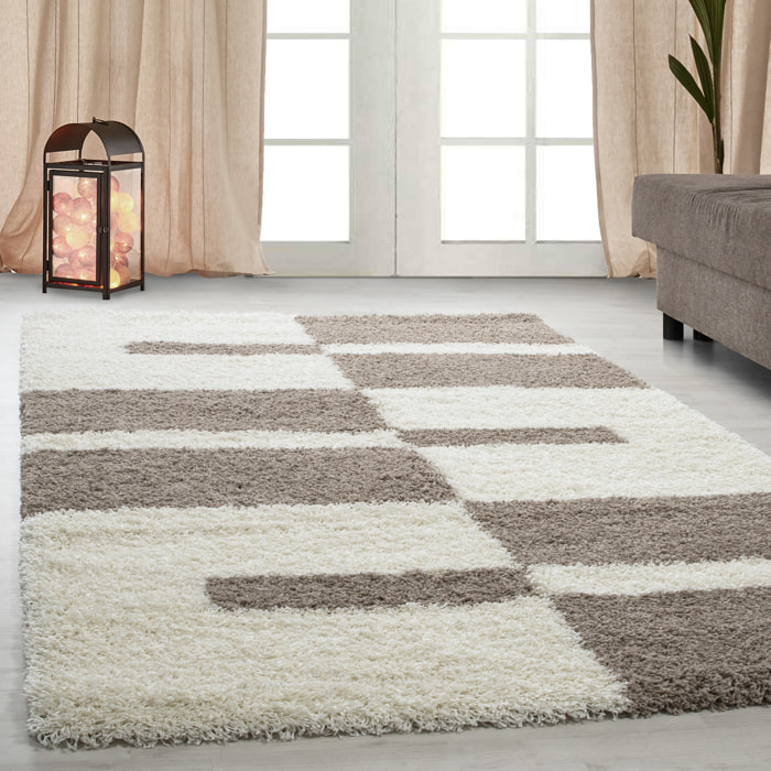 GALA - Tapis shaggy à poils longs motif géométrique beige