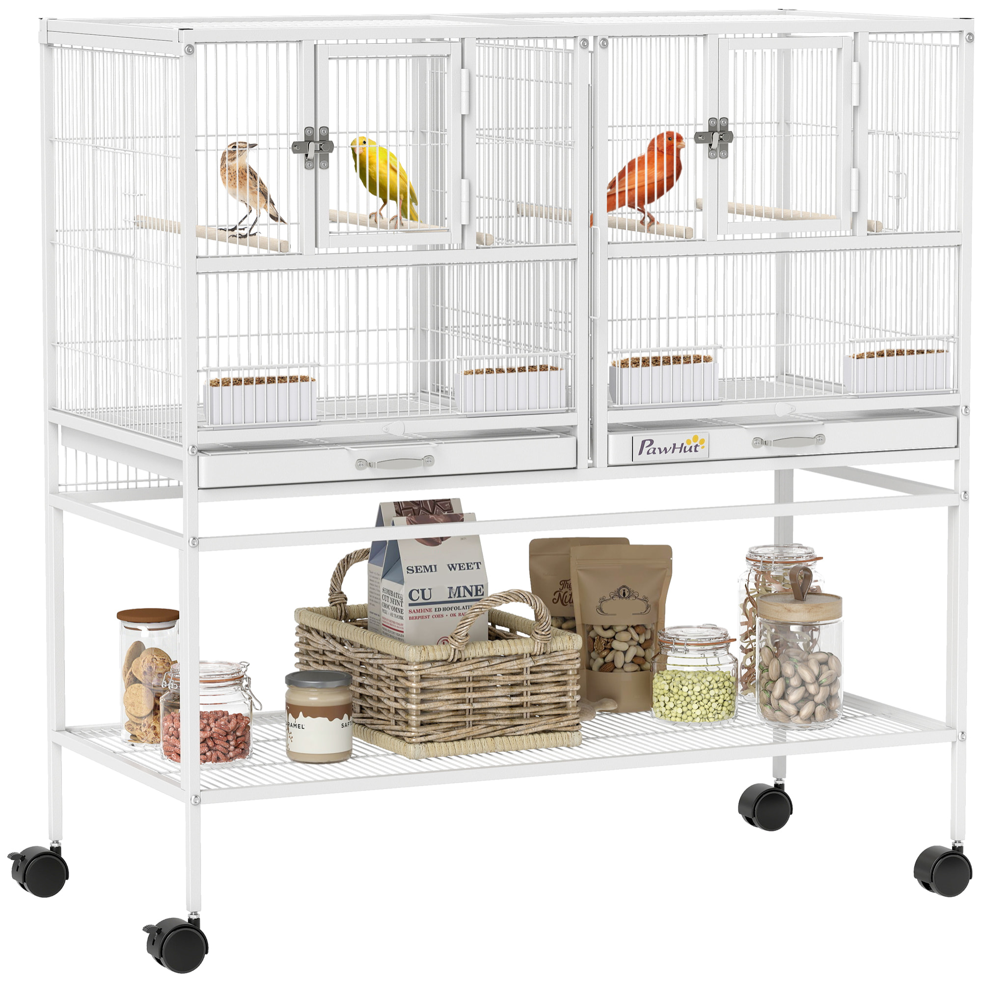 Jaula para Pájaros Grande con Divisor, Pajarera Doble con Ruedas, 4 Comederos, 4 Perchas, Estante, 2 Bandejas Extraíbles, para Periquitos, Agapornis, Canarios, 95x45,5x102 cm, Blanco
