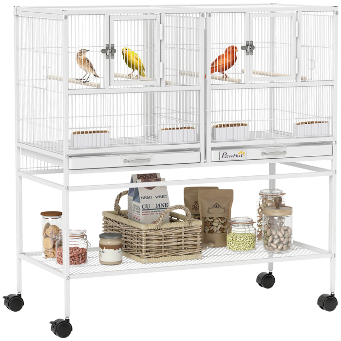 Jaula para Pájaros Grande con Divisor, Pajarera Doble con Ruedas, 4 Comederos, 4 Perchas, Estante, 2 Bandejas Extraíbles, para Periquitos, Agapornis, Canarios, 95x45,5x102 cm, Blanco