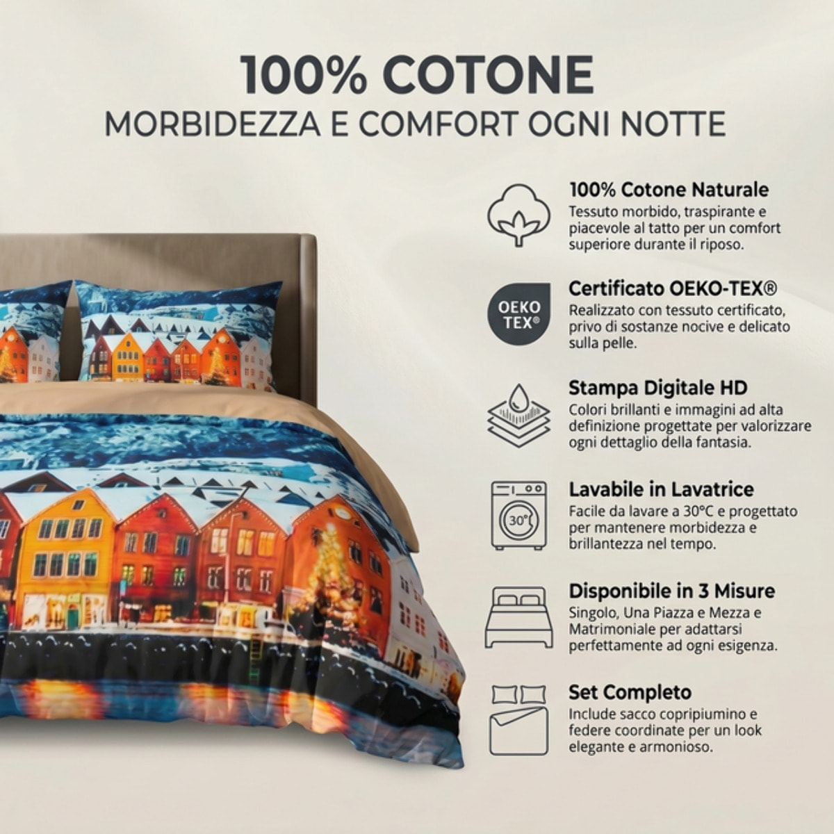 Parure Copripiumino in 100% Cotone con Federe Coordinate, Morbida e Traspirante, Certificata OEKO-TEX, Fantasie Moderne per Camera da Letto