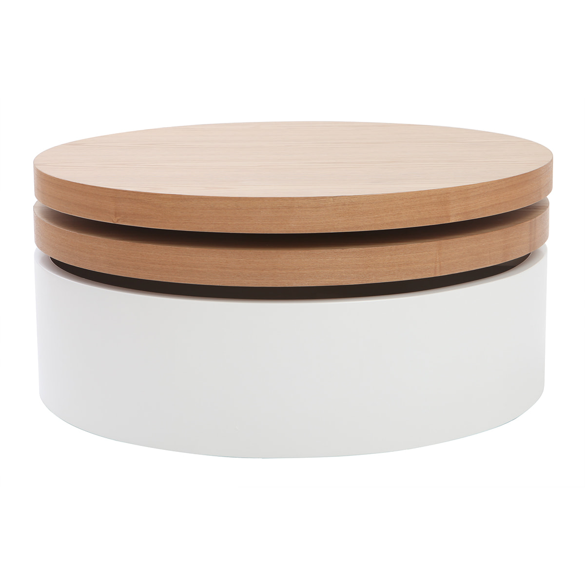Table basse ronde avec plateaux pivotants et rangement blanc et bois clair chêne D80 cm ICON