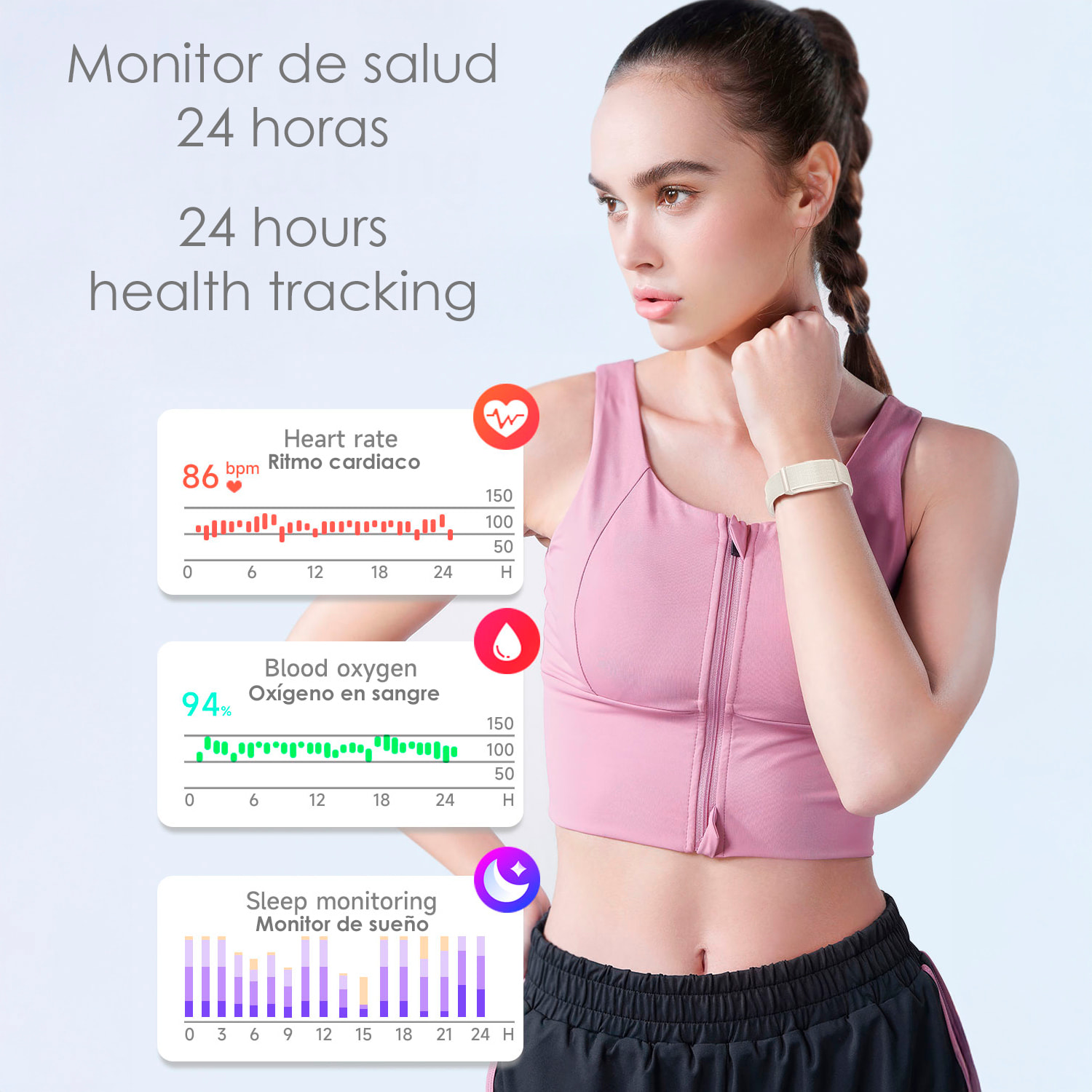 Smartband QS90 diseño sin pantalla con monitor inteligente de actividad y salud. Más de 100 modos deportivos. Correa de nylon.