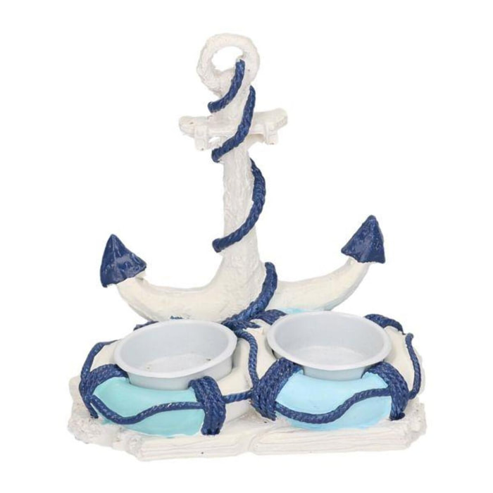 Portacandele mare in resina bianco e azzurro ancora 2 posti cm13x9h13