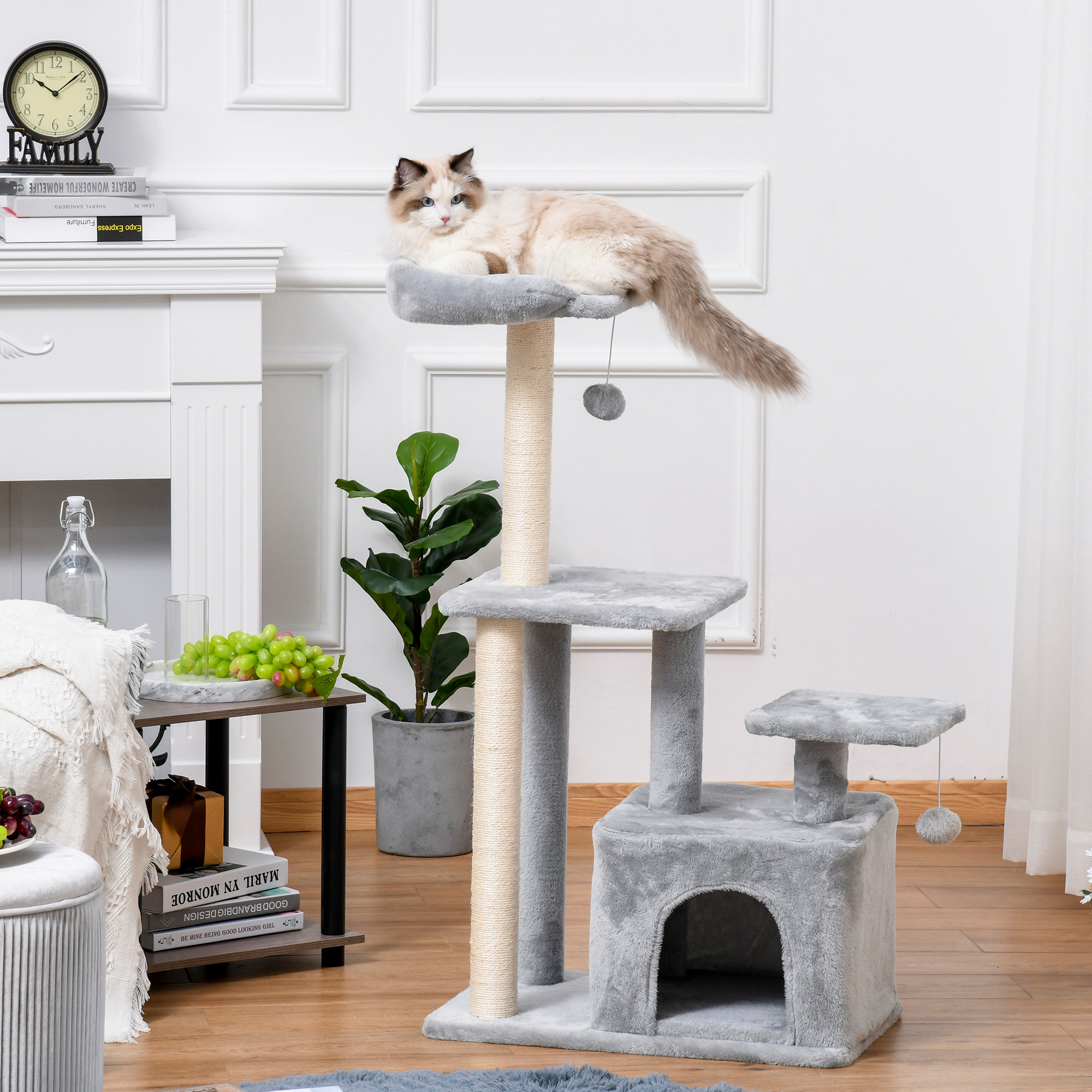 Árbol Rascador para Gatos Altura 114 cm Árbol para Gatos Torre para Gatos con Postes de Sisal 3 Plataformas Casita y 2 Bolas Colgantes Gris Claro