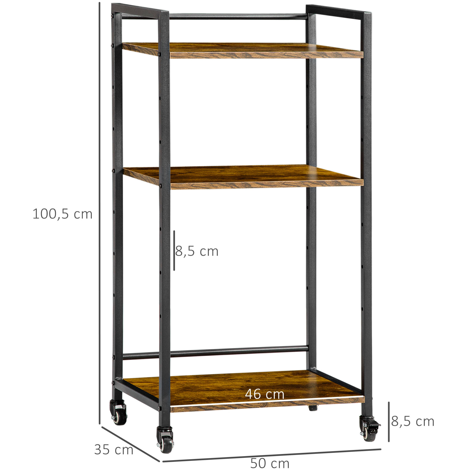 HOMCOM Carro de Almacenamiento con 3 Estantes Ajustables Soporte de Impresora con Ruedas para Oficina Cocina Dormitorio 50x35x100,5 cm Marrón Rústico