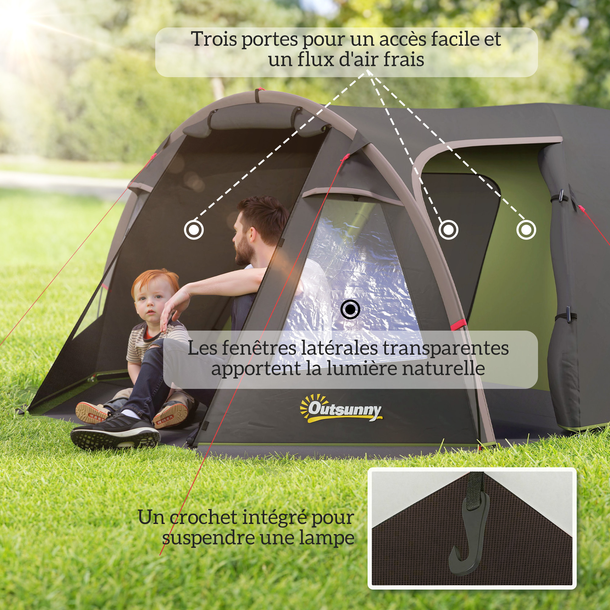 Tente camping 2-4 places - tente tunnel familiale - imperméabilité 3000mm - dim. 3,6 x 2,5 x 1,3 m - sac inclus - noir