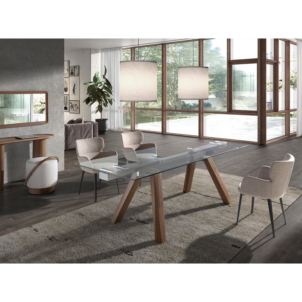 Mesa comedor extensible rectangular con tapa de cristal templado 160x90x76cm