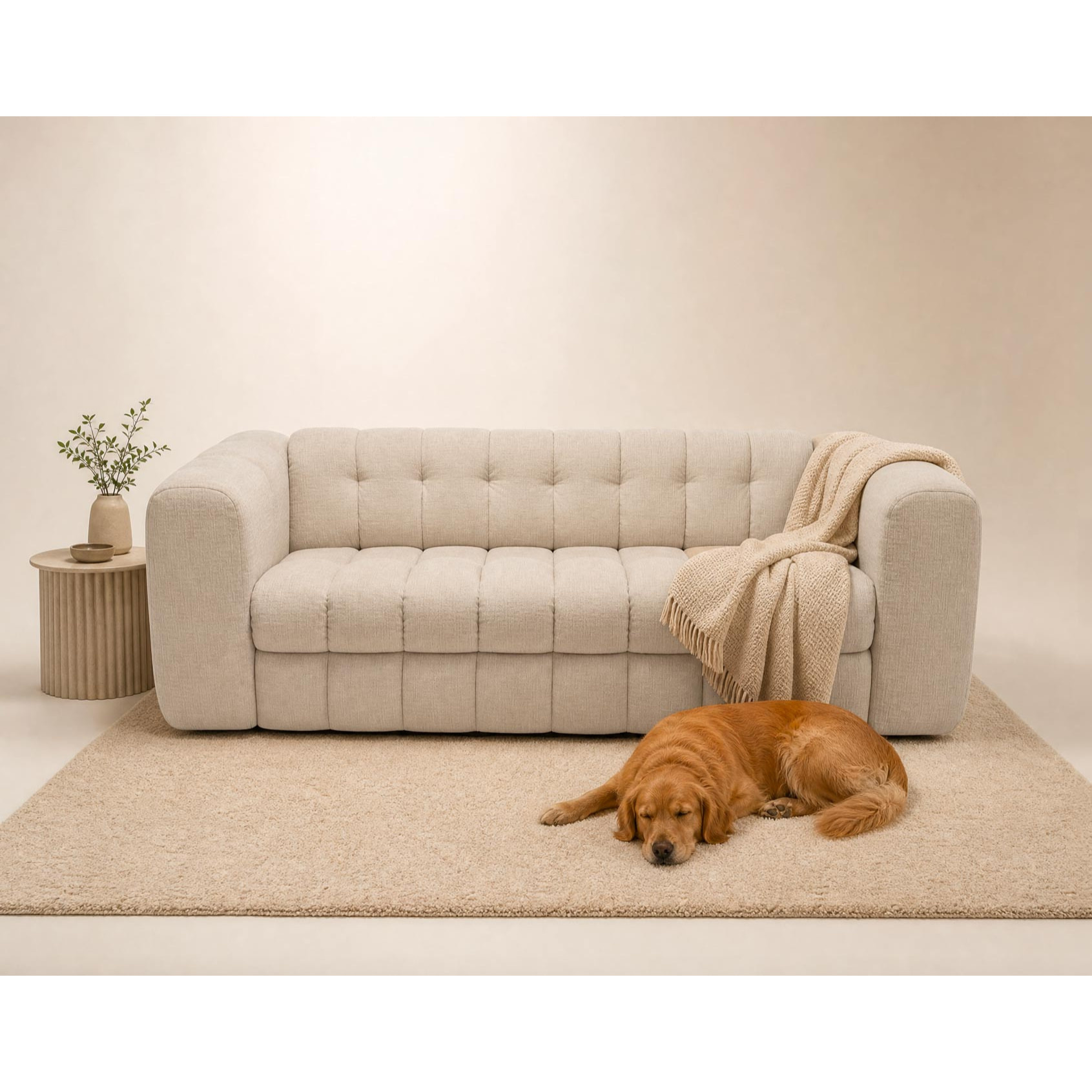 Violette - Canapé 3 places convertible express couchage quotidien 140 cm matelas 14 cm en velours gaufré - Beige