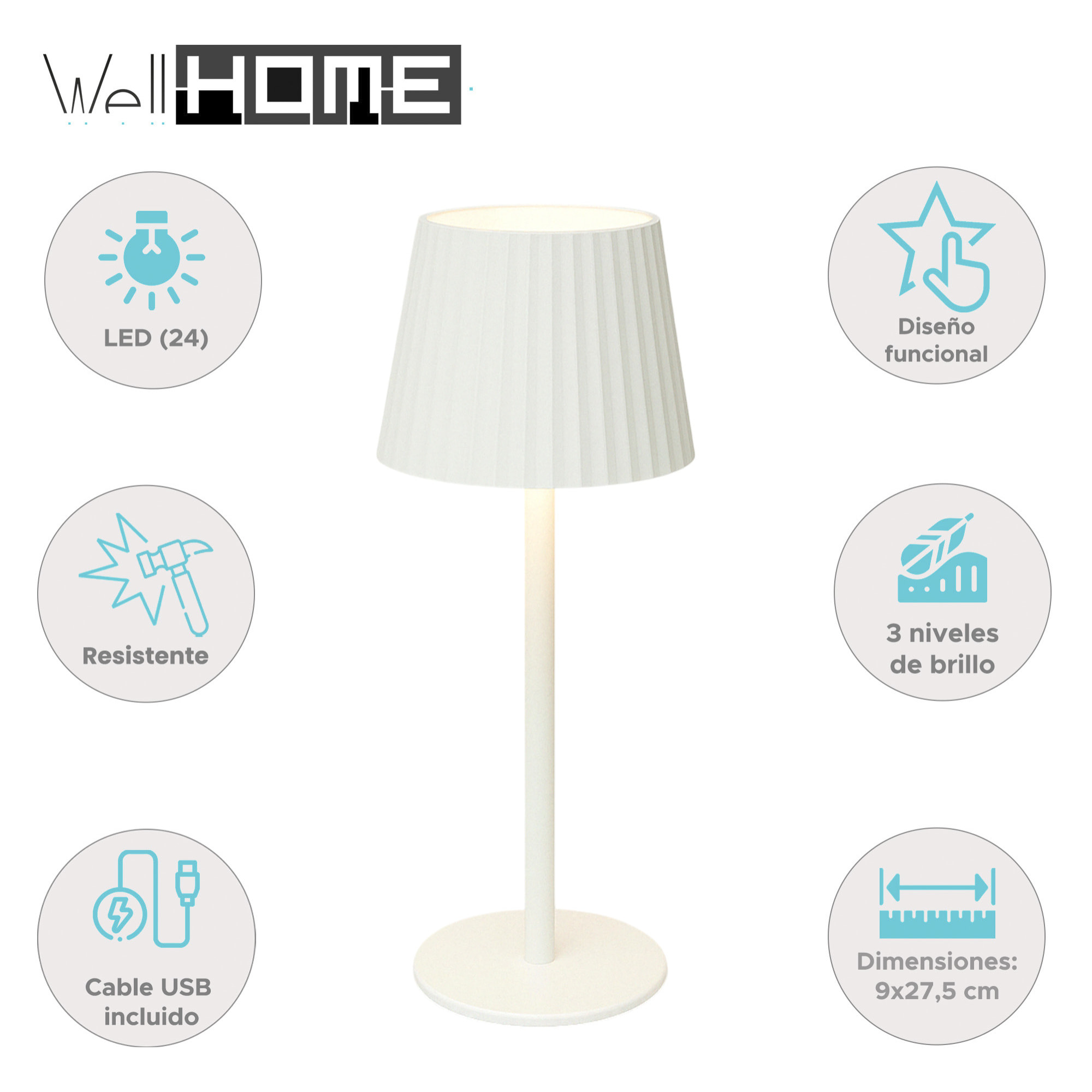 Well Home Lámpara de Mesa Blanca LED recargable con 24 luces blancas cálidas y 3 niveles de brillo Ø9x27,5cm