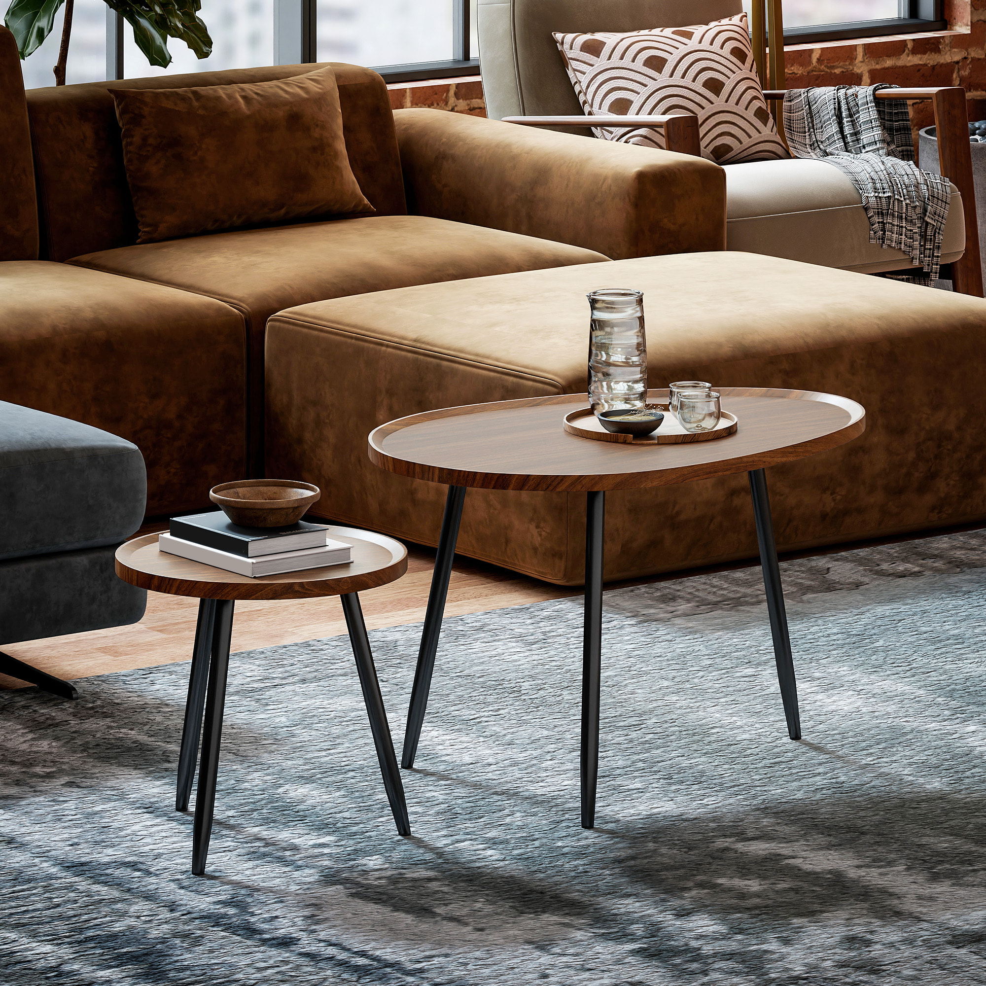 Lot de 2 tables basses gigognes design piètement effilé métal noir effet bois de noyer