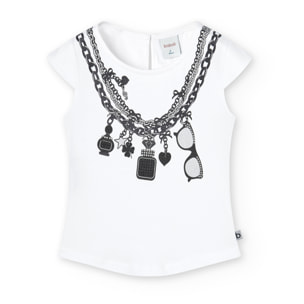 Camiseta elástica niña, estampada, mangas cortas, blanco