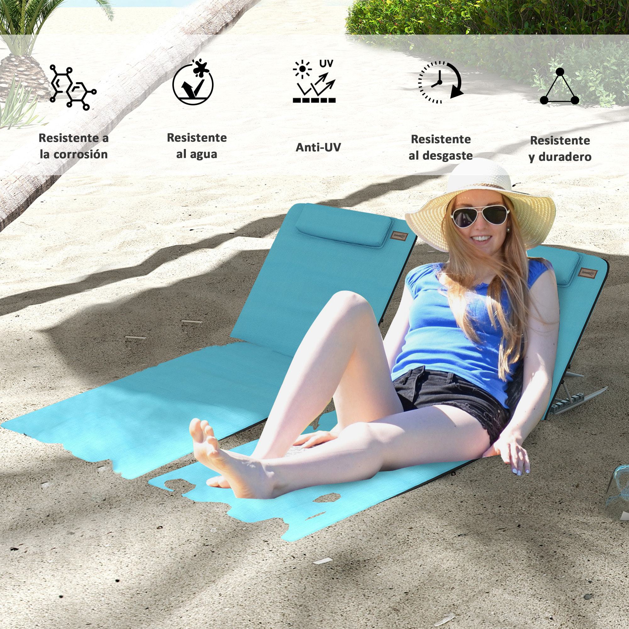 Conjunto de 2 Esterillas de Playa Plegable Esterillas con Respaldo Reclinable en 5 Niveles Reposacabezas y Bolsa de Transporte 134x48x33-43 cm Azul