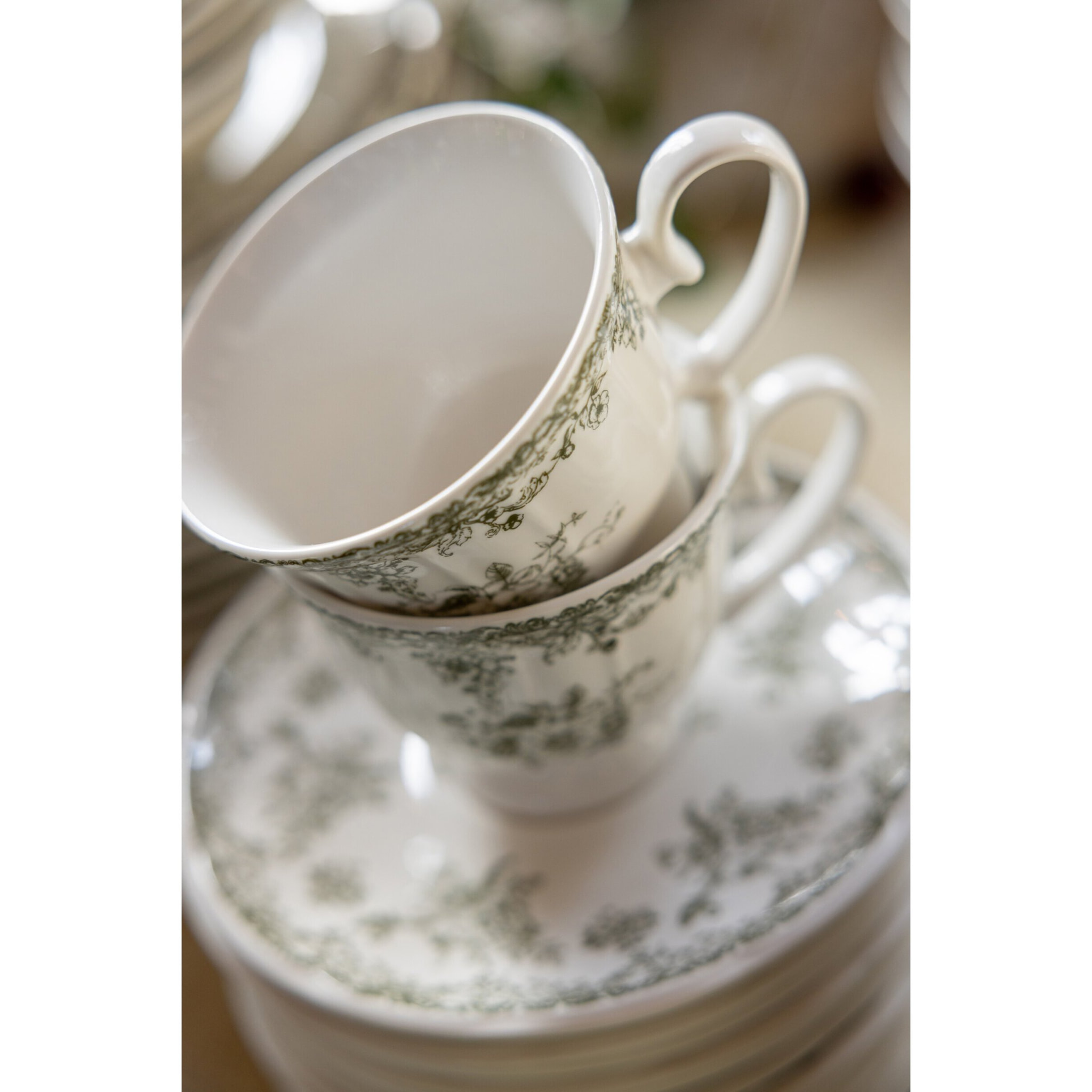 J-Line Tasse et sous-tasse fleurs - céramique - vert foncé/blanc - set de 6