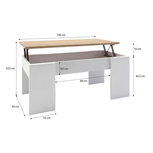 Mesa de centro elevable con almacenaje en blanco artick y roble canadian 100x45-56 cm Vita Blanco Artik (Blanco Mate) - Roble Canadian