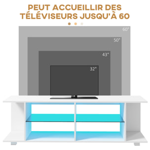 Meuble banc TV sur pieds avec lumières LED - 2 étagères en verre trempé pour télévision jusqu'à 60 pouces style contemporain - 145 x 40 x 45 cm blanc