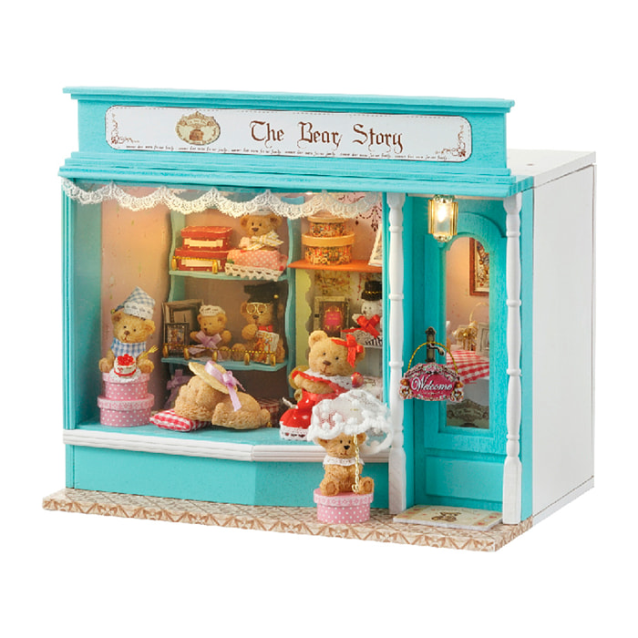 Negozio La storia dell'Orso. Modello 3D con design del pannello della porta aperta, realistico con grande dettaglio e luci LED.