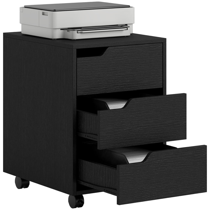 Caisson bureau mobile avec 3 tiroirs, meuble rangement bureau sur roulettes pour documents et imprimante, 40x50x57,5cm, noir