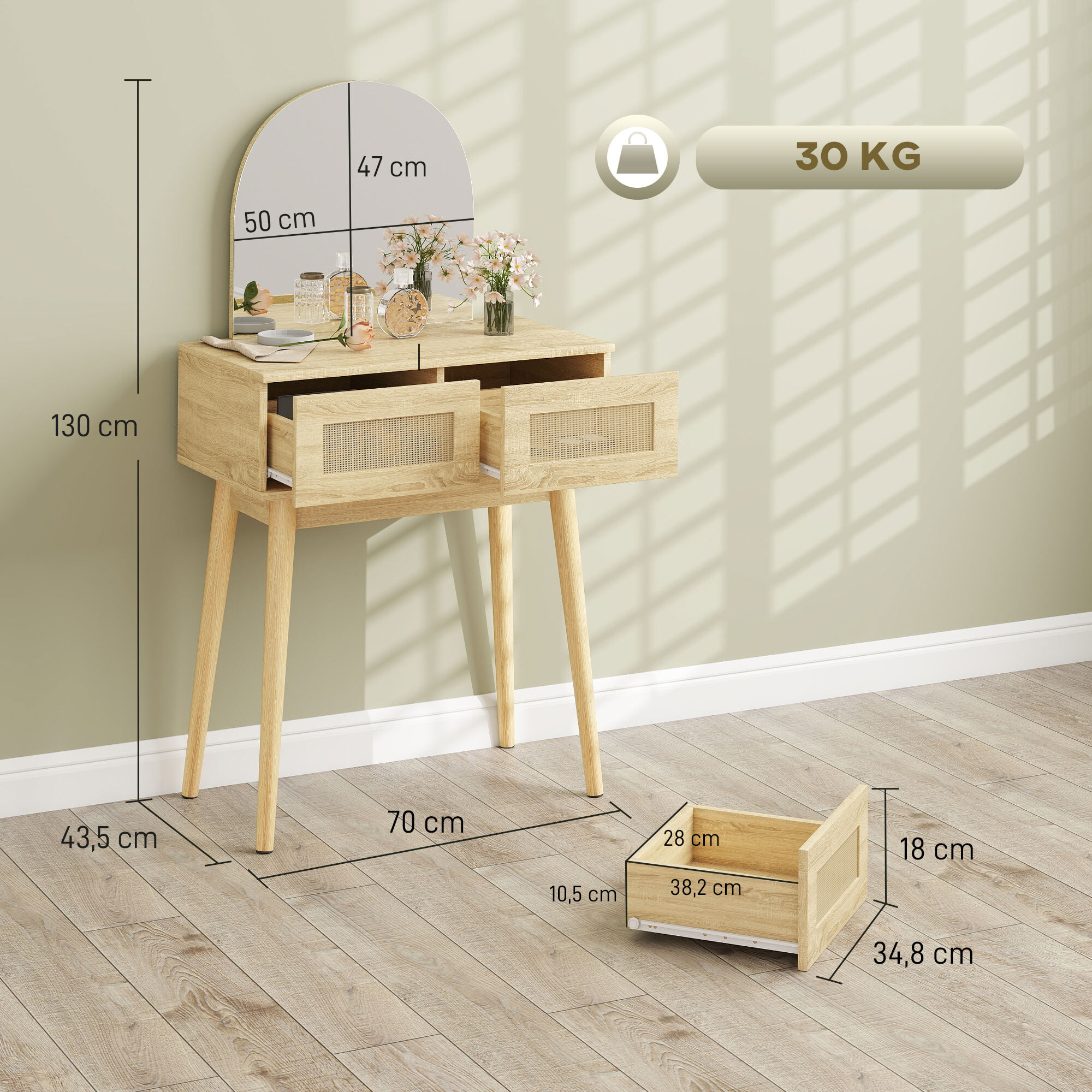 Tocador con Espejo Arqueado, Mesa de Maquillaje con 2 Cajones con Frontal de Ratán, Tocador de Maquillaje para Dormitorio, Espacios Pequeños, Natural