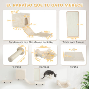 Juego de Pared de Escalada para Gatos de 6 Piezas Estanterías para Gatos con Condominio Plataforma Hamaca Escaleras Percha Tabla Rascador Poste de Sisal Bola de Juguete Beige