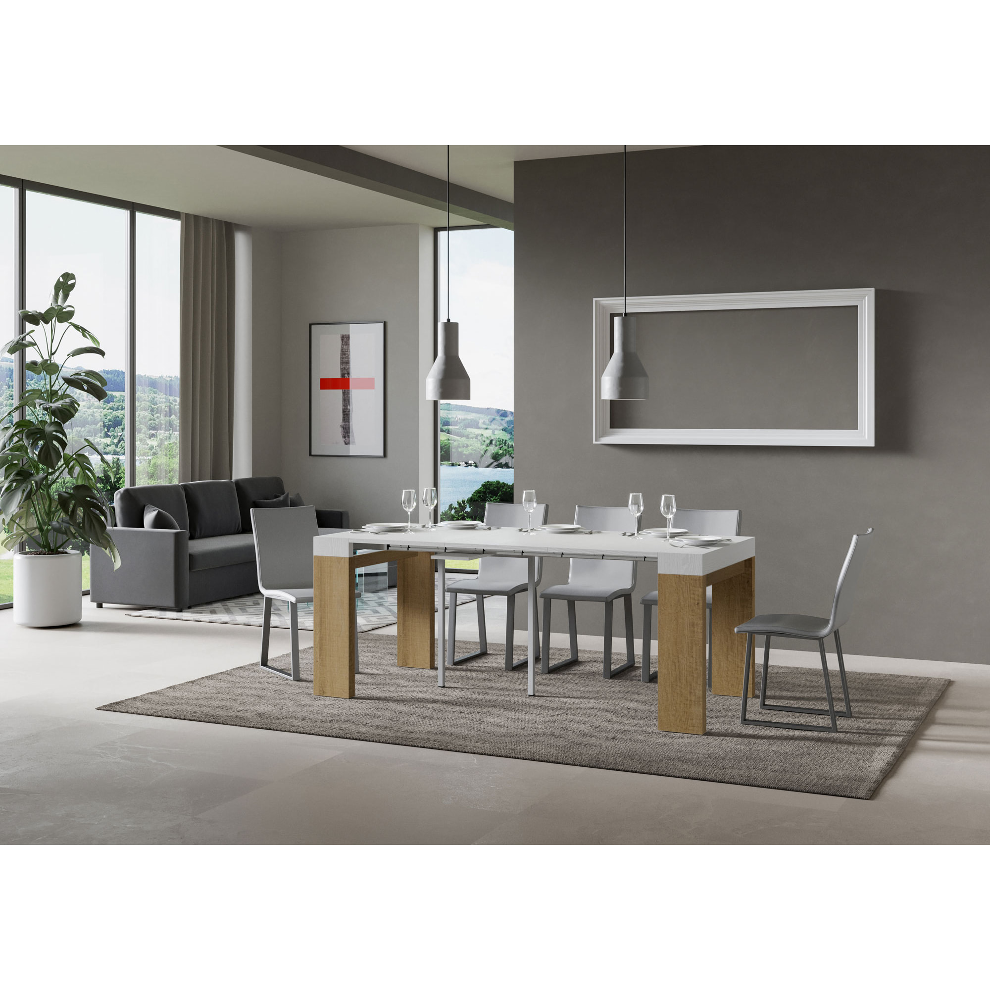 Console Roxell Small cm.90x42 (extensible à 196) dessus Frêne Blanc structure Chêne Nature