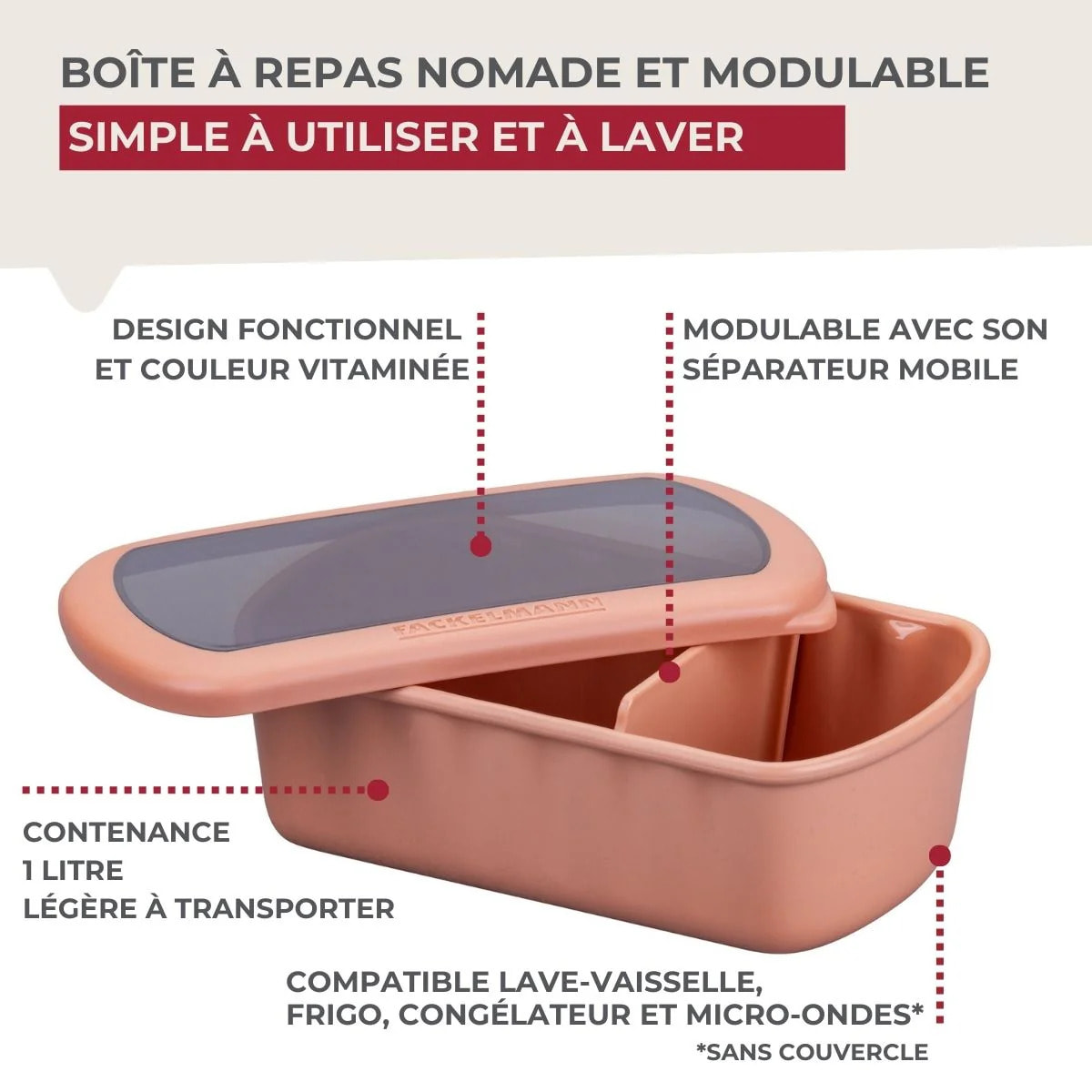 Lunchbox Terracotta à compartiment réglable 1 litre sans BPA Fackelmann Storage