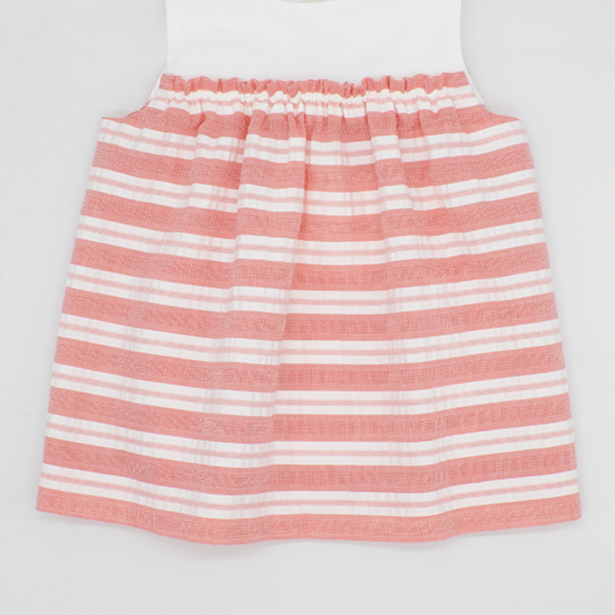 VESTIDO CONTRASTE RAYAS ROJO Y BLANCO Y CUERPO BLANCO