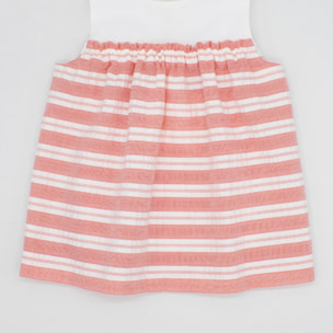 VESTIDO CONTRASTE RAYAS ROJO Y BLANCO Y CUERPO BLANCO