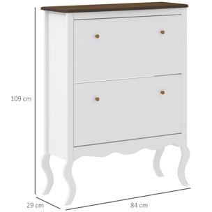 Mueble Zapatero Estilo Francés Zapatero de Entrada Recibidor con 2 Cajones Abatibles Estantes Ajustables para 16 Pares de Zapatos Zapatero Estrecho para Pasillo 84x29x109 cm Blanco