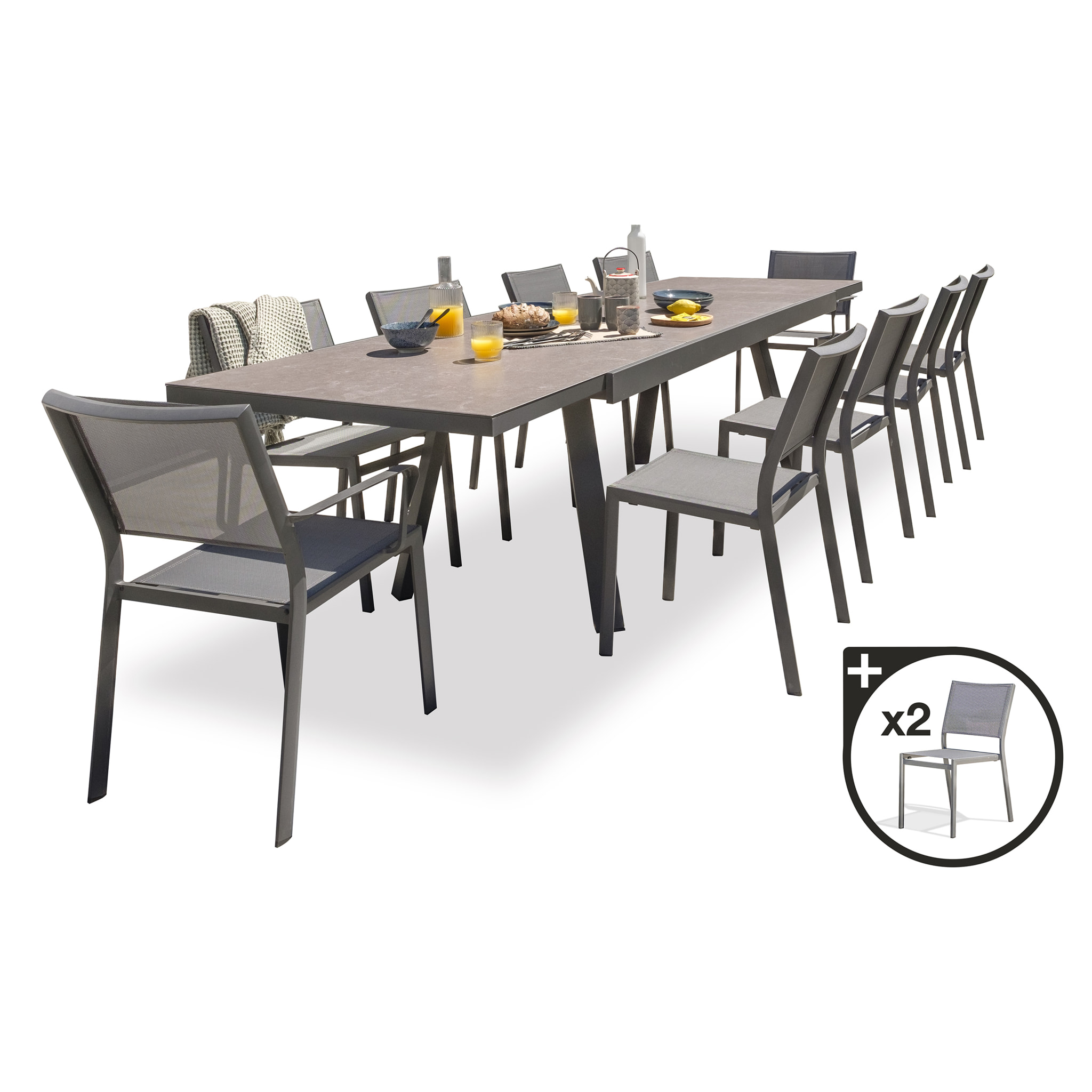 STOCKHOLM - Ensemble repas de jardin 12 places en céramique sur verre