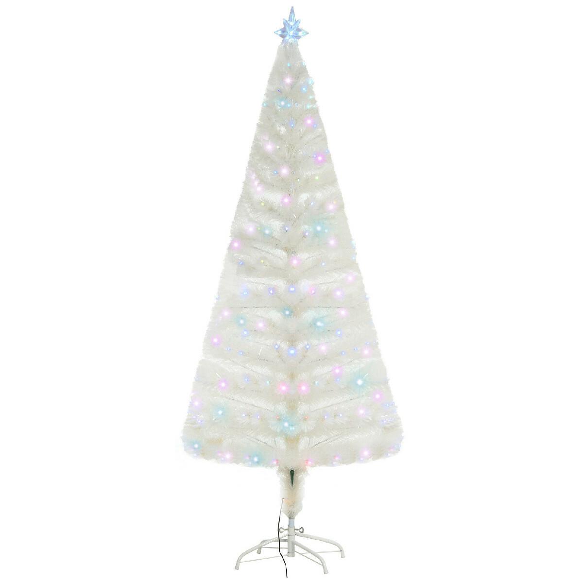 Sapin de Noël artificiel blanc sapin lumineux fibre optique + 220 LED couleurs RVB 7 modes support pied inclus Ø 80 x 180H cm 220 branches étoile sommet brillante