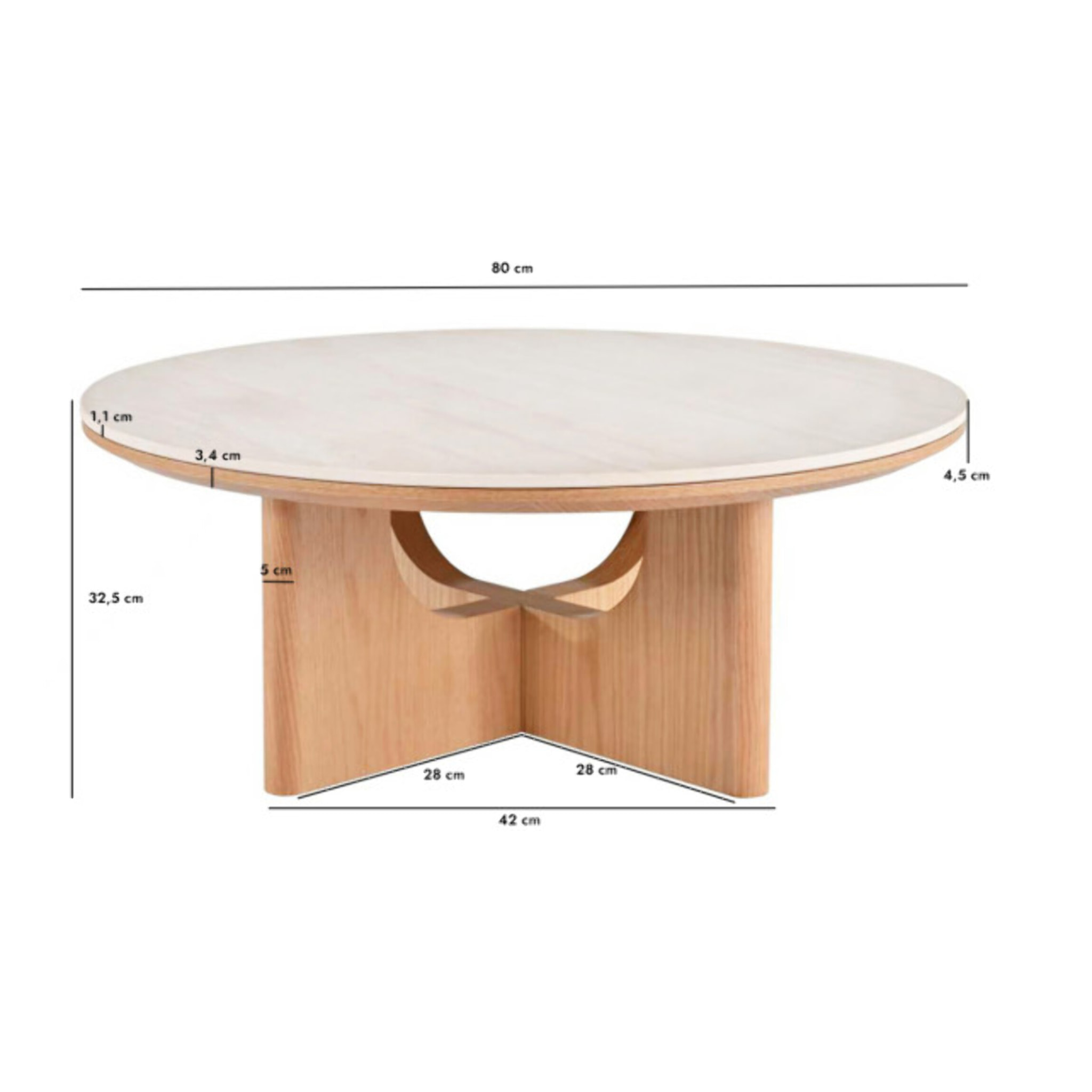 Table basse ronde D.80 cm bois et céramique beige marbré - OAK