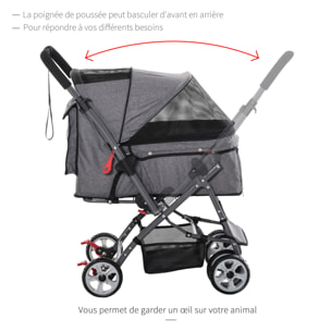 Poussette buggy pliable chien chat panier et sac de rangement attaches sécurité housse réglable poignée réversible acier Oxford gris chiné noir