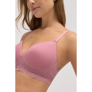 Reggiseno imbottito a costine senza ferretto con pizzo rosa, coppa B